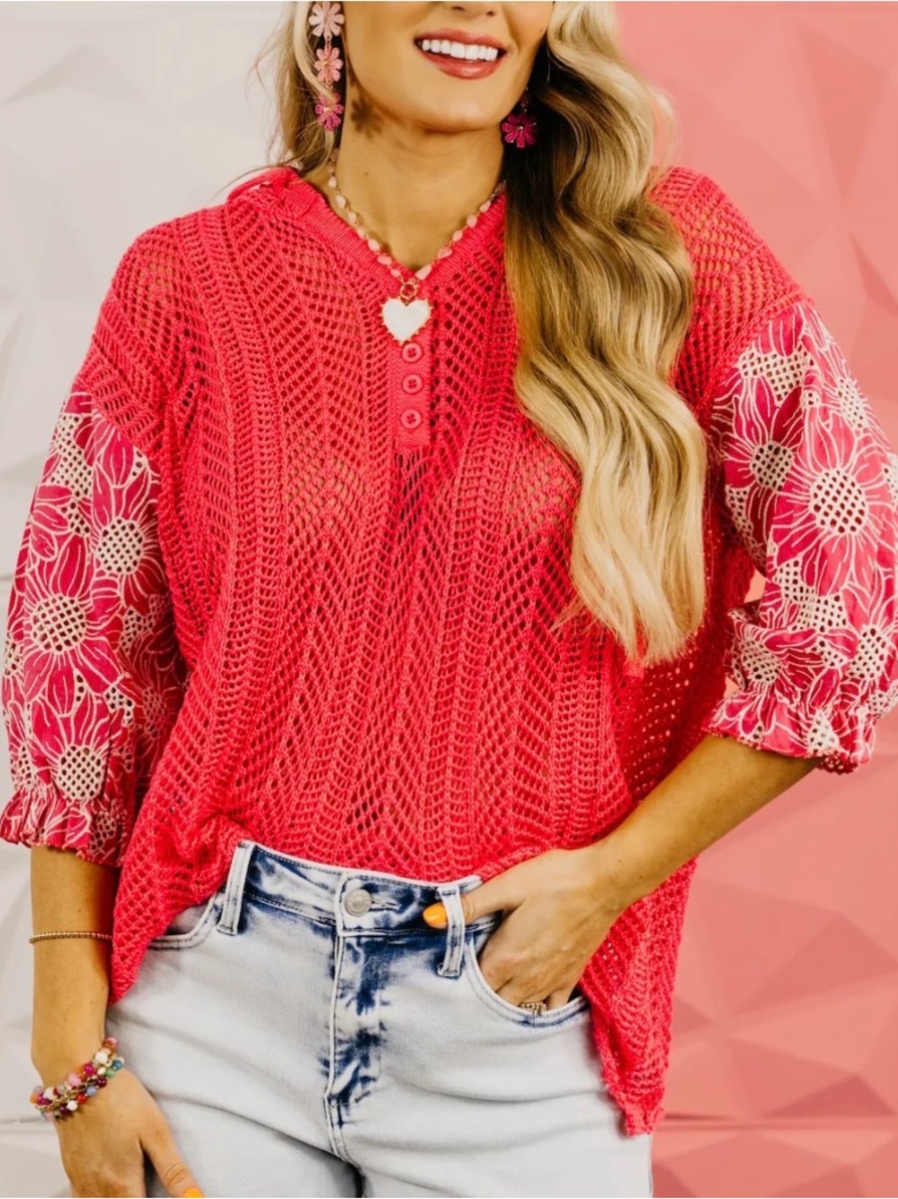 Mod Boutique BiBi Hot Pink Crochet Knit Henley Top Size Large NWT